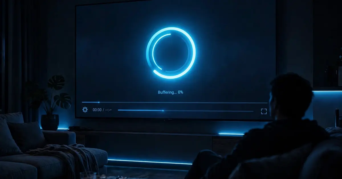 TV in a dark living room showing a video player with a blue buffering spinner, viewer silhouette on couch