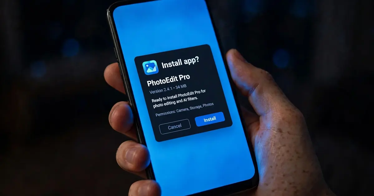Hand holding a smartphone showing the Xuper TV app install confirmation screen in a dark room
