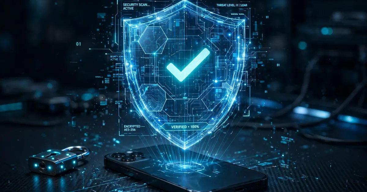 Glowing blue security shield with a checkmark floating above a smartphone, Xuper TV safety concept
