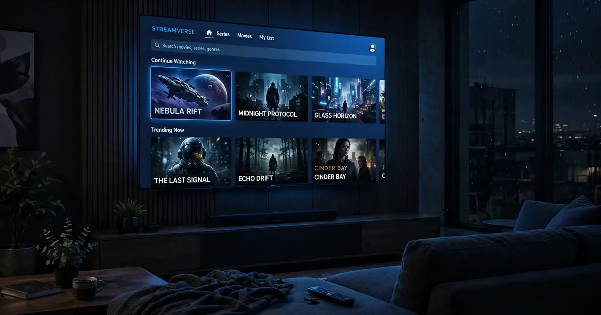Living room TV glowing blue with the Xuper TV streaming home screen showing movie rows