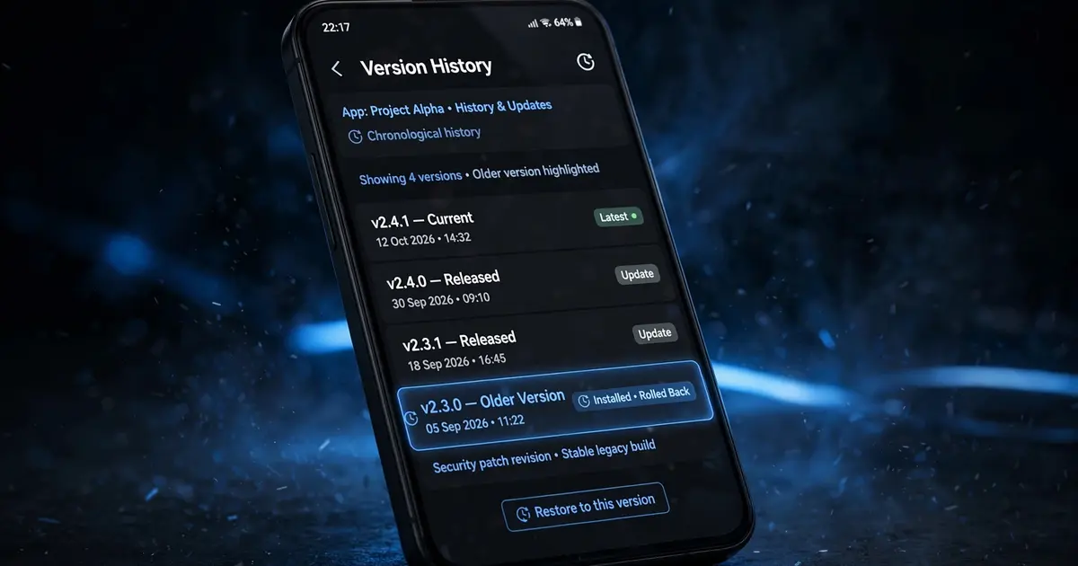 Smartphone showing app version history list with older version numbers, Xuper TV old versions concept