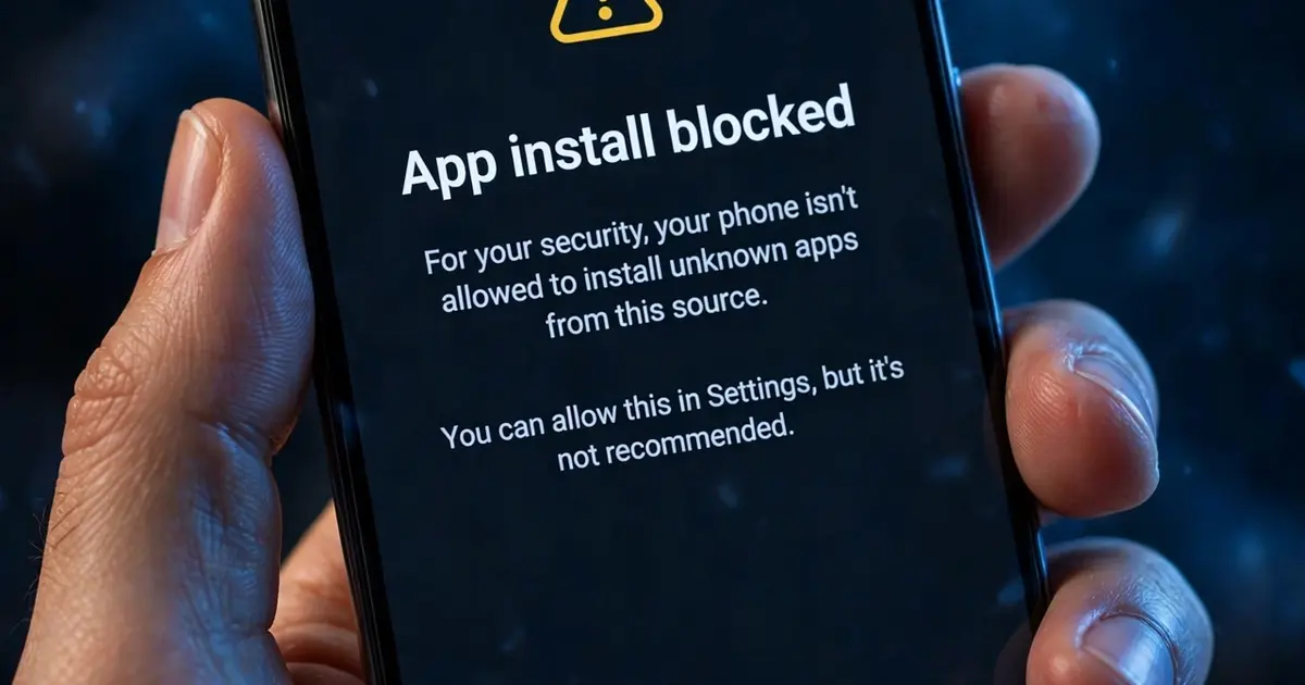 Hand holding a smartphone showing an Android install blocked warning screen with blue glow