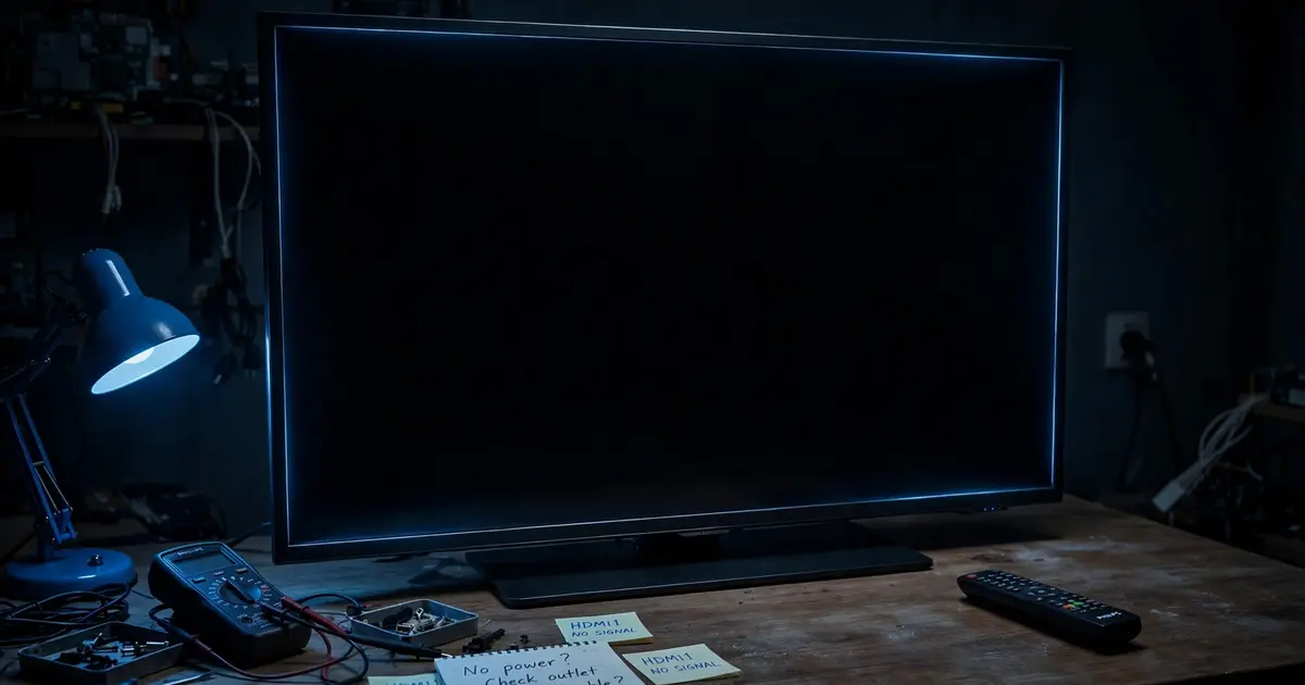 Flat screen TV with a black display and faint blue edge glow in a dark room being troubleshot
