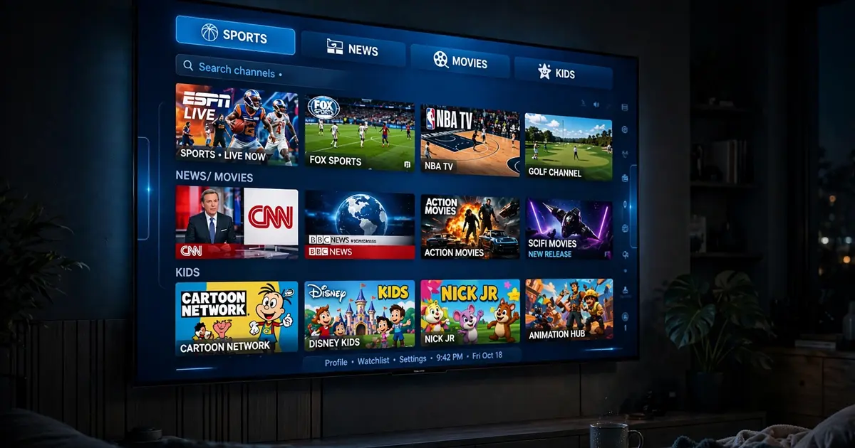 TV showing a grid of colorful channel thumbnails for sports, news, movies and kids in a blue interface
