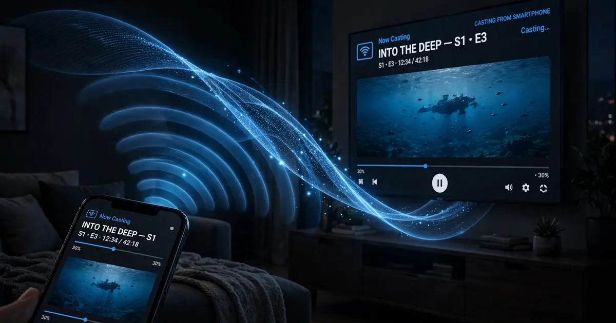 Smartphone casting wirelessly to a large TV with glowing blue waves, Xuper TV Chromecast setup