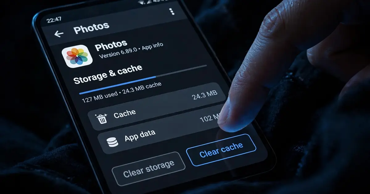 Smartphone settings screen showing app storage with clear cache button highlighted in blue