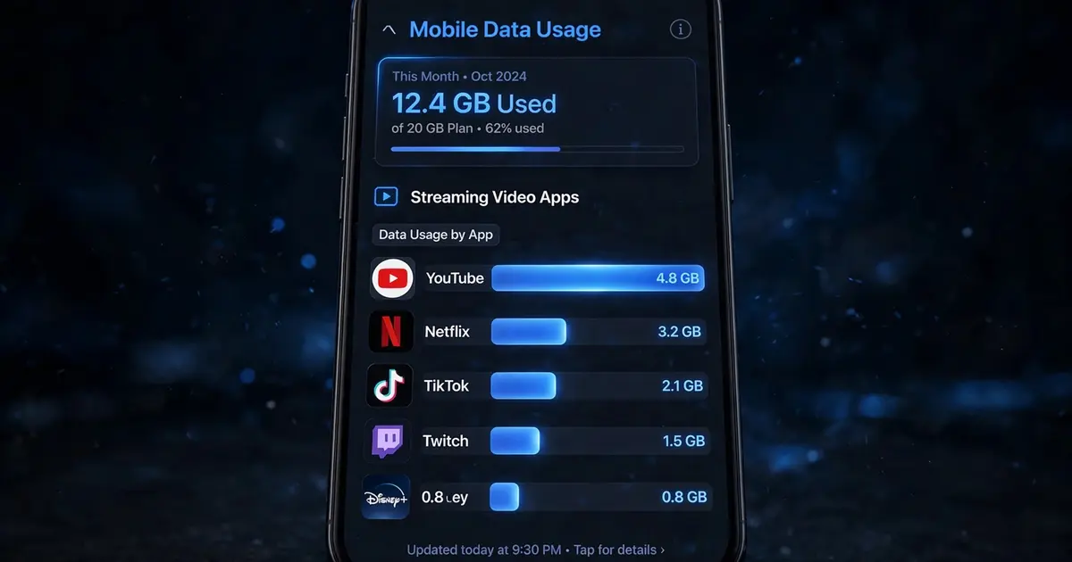 Smartphone with a mobile data usage chart and streaming icons, Xuper TV data consumption concept