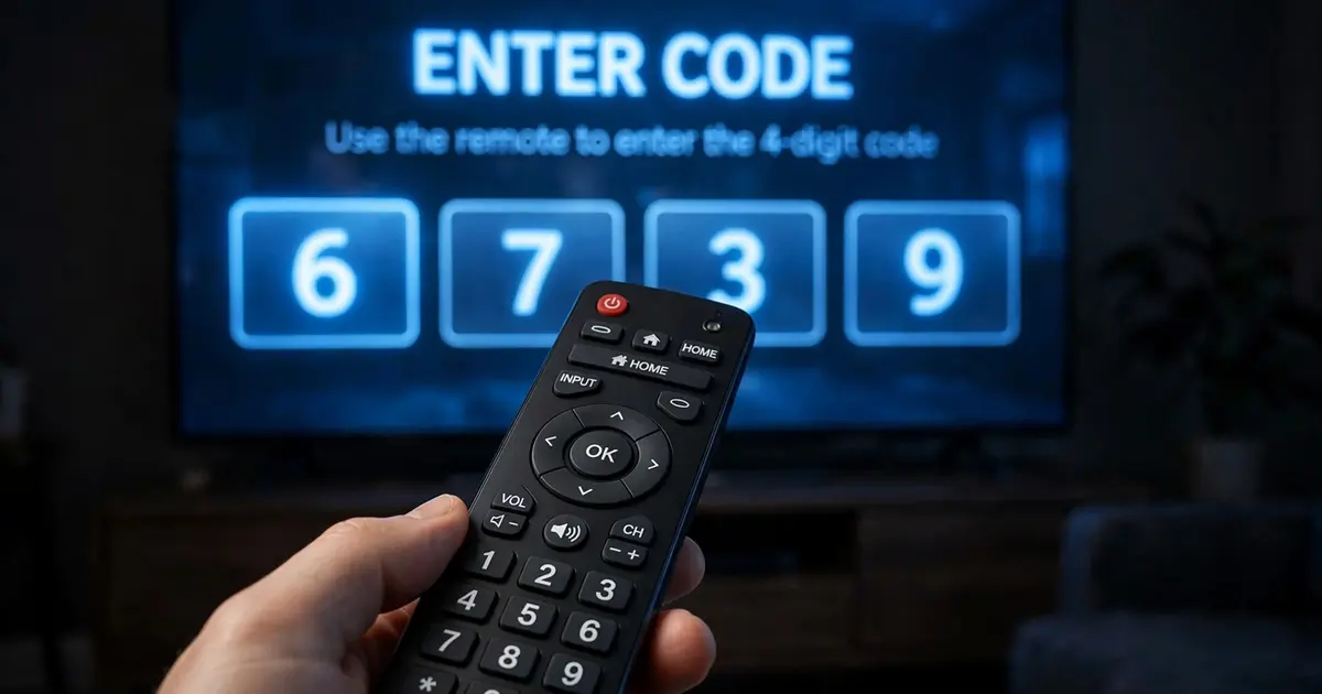 TV remote pointing at a large TV showing a numeric Downloader code entry screen with blue digits