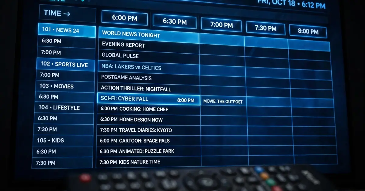 Close-up of a TV showing an electronic program guide grid with channels and show times in blue
