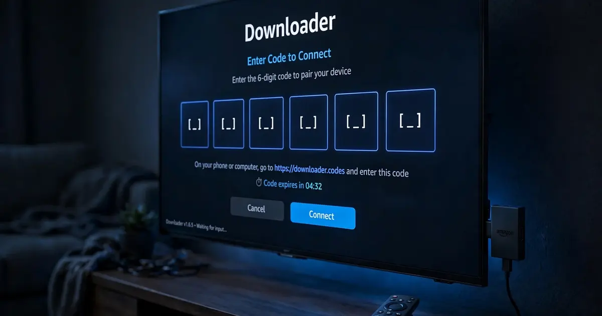 Amazon Fire TV stick plugged into a TV showing the Downloader app with a download code entry field