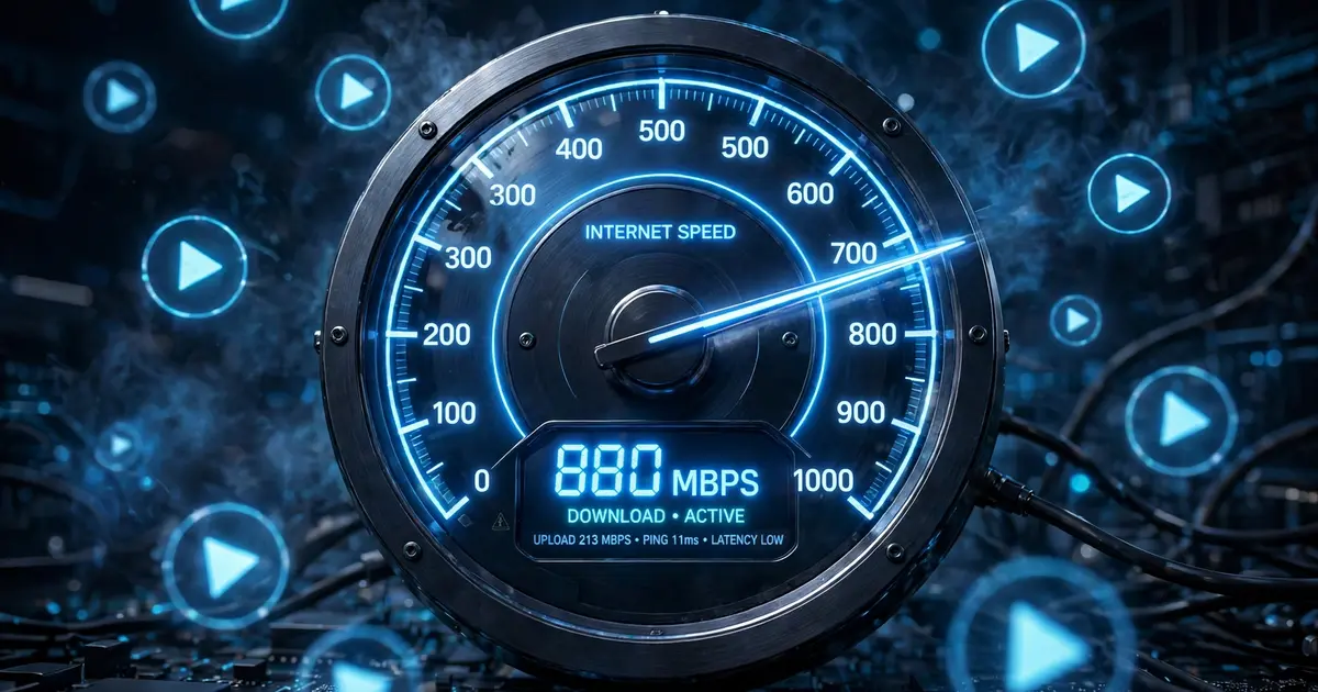 Glowing blue speedometer gauge with streaming play icons, Xuper TV internet speed requirements
