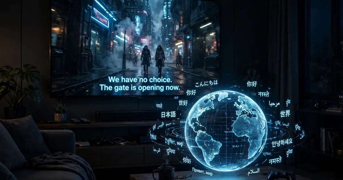 TV showing a movie with blue subtitles and a floating globe with language characters, Xuper TV language settings