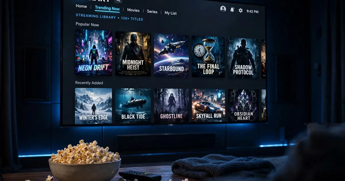 TV screen glowing blue showing rows of movie posters in the Xuper TV on-demand library