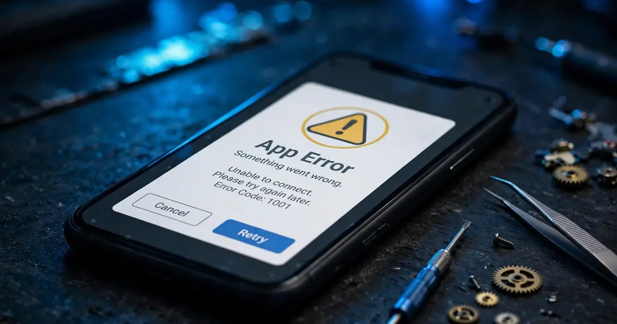 Smartphone showing an app error warning with repair tools on a dark desk, Xuper TV troubleshooting