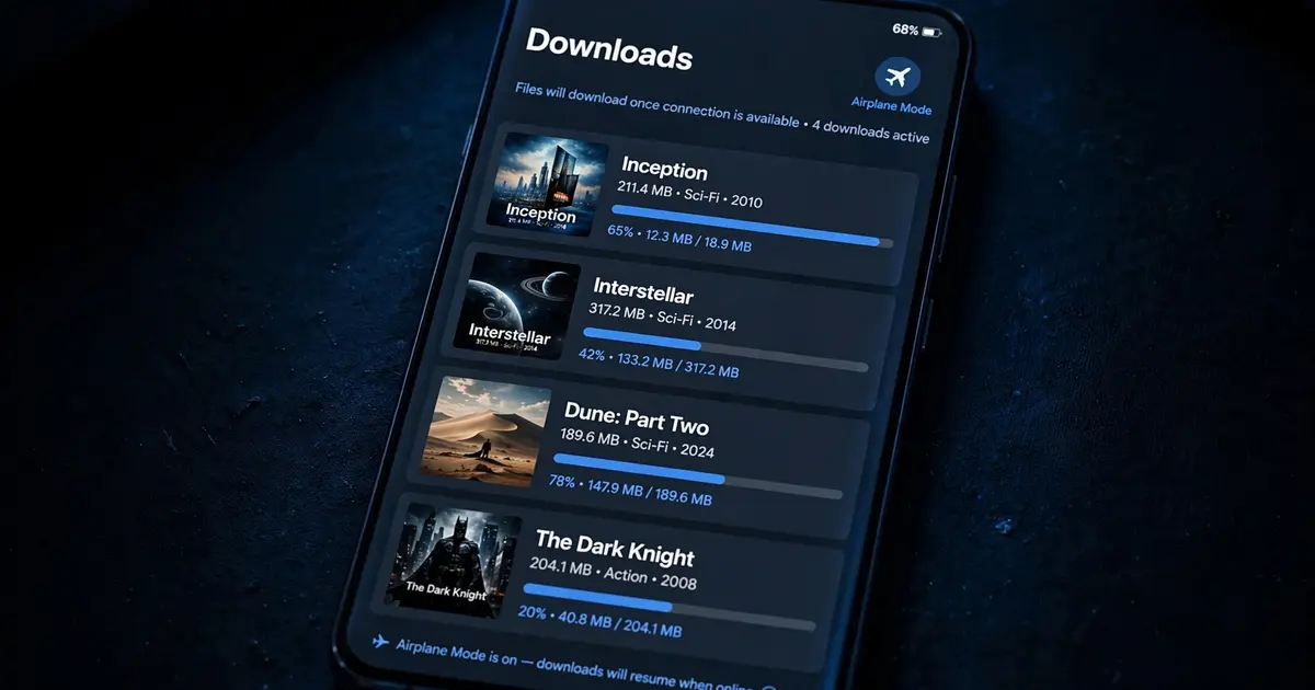 Smartphone showing a downloads screen with movie posters and blue progress bars, offline viewing concept