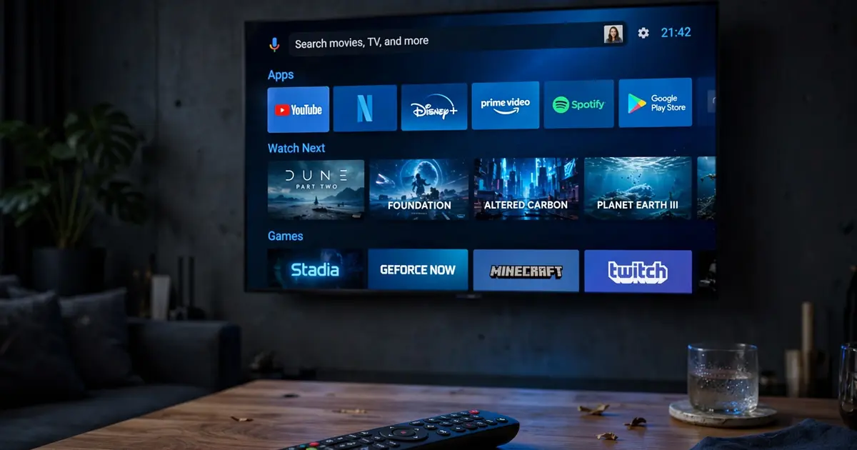 Wall mounted smart TV in a dark living room showing the Android TV app launcher with a blue glow