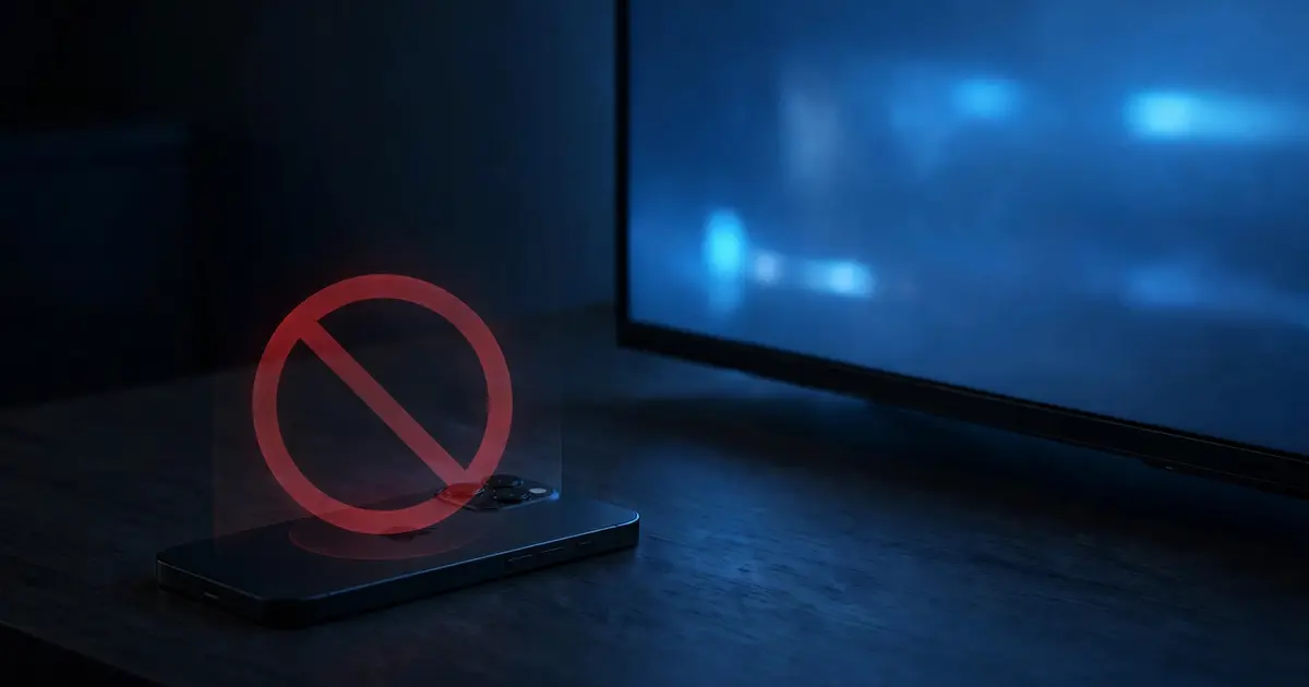iPhone next to a glowing smart TV with a subtle unavailable symbol, Xuper TV on iOS concept