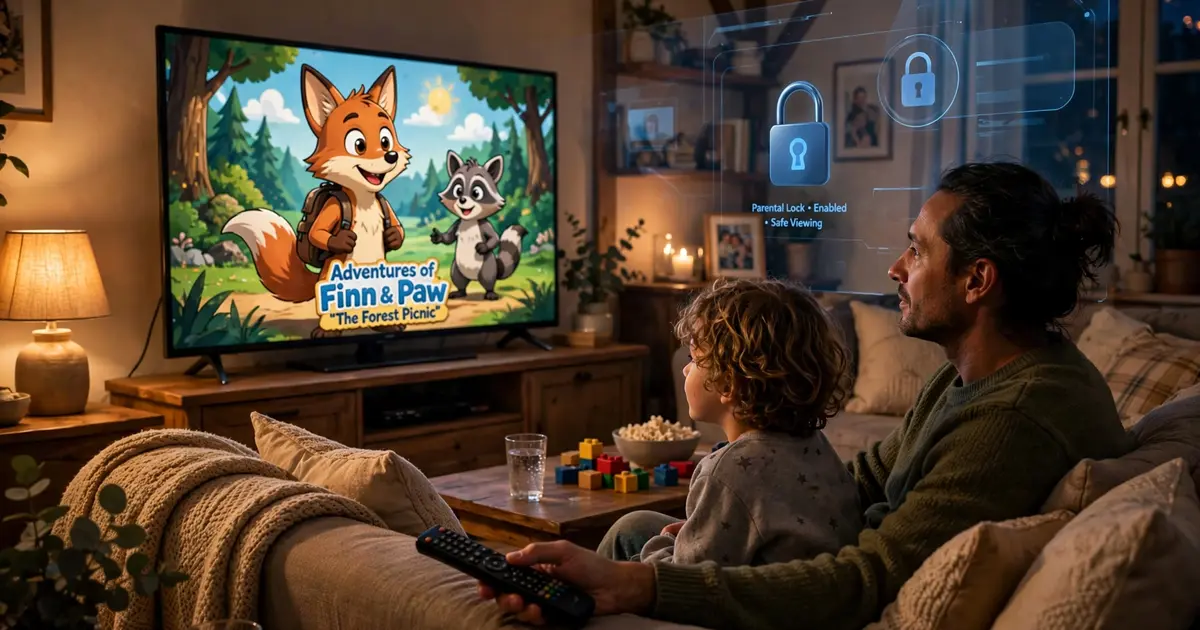 Parent holding a TV remote while a child watches cartoons on a large TV, parental lock concept in blue