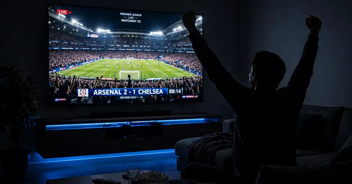Large TV showing a live soccer stadium match with a cheering crowd, fan silhouette celebrating on couch