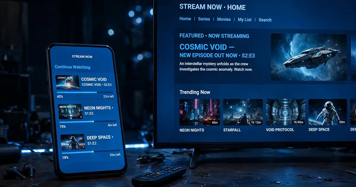 Smartphone and smart TV side by side glowing blue, comparing the Xuper TV mobile and TV builds