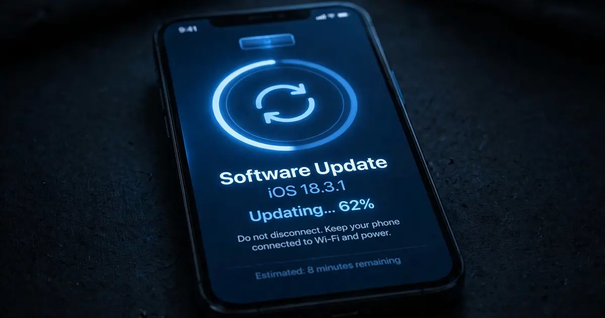 Smartphone showing a software update screen with a glowing blue refresh arrow and progress ring