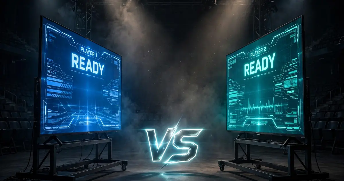 Two glowing televisions facing each other in blue and teal light, Xuper TV versus Magis TV concept