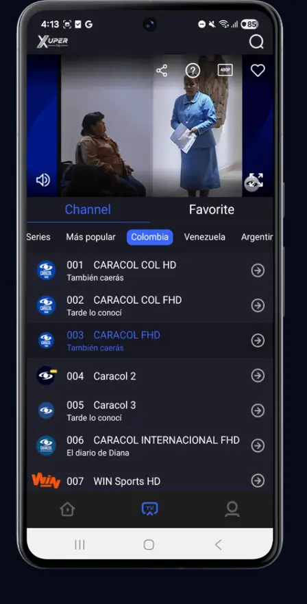 Super TV live channel list with Colombian channels and WIN Sports HD in the Xuper TV app