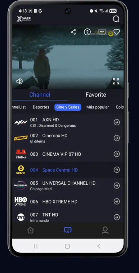 Xuper TV channel list showing movie channels like AXN HD and Cinemax HD in the Super TV app