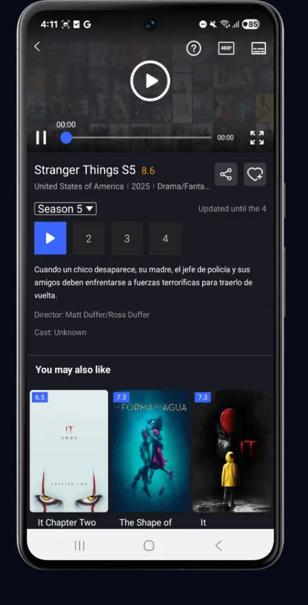 Super TV app series detail screen showing Stranger Things season 5 with episode list and recommendations
